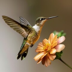 Fototapeta premium A vibrant hummingbird hovers gracefully near a blooming flower, showcasing nature's beauty and delicate interactions.