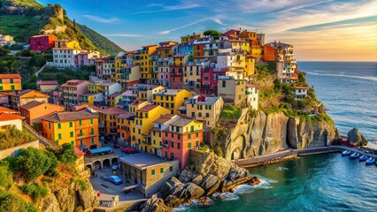 Stunning aerial view of the colorful buildings of Manarola in the Cinque Terre National Park