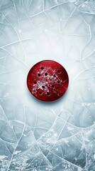A vibrant red bowling ball resting on a cracked ice surface, creating a striking contrast and unique visual composition.
