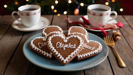 Heart-shaped cookies and steaming cup of coffee, a sweet morning treat on rustic table