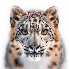Obraz premium Close-up portrait of a majestic snow leopard, showcasing its unique fur patterns and striking eyes against a soft background.