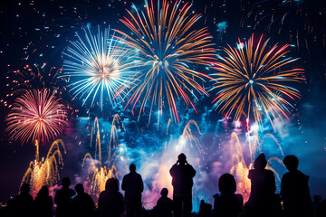 a fireworks display in the sky, the silhouette of people watching fireworks