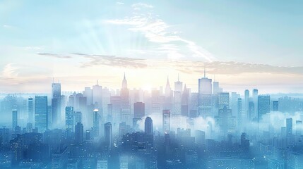 Fototapeta premium Cityscape Illustration - Foggy Skyline with Blue Tones