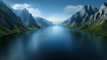 Naklejka premium Stunning landscape featuring tranquil river, majestic mountains, and clear skies, perfect for nature and travel themes.