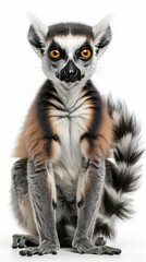Portrait of a curious lemur with striking eyes, showcasing its unique fur patterns and playful demeanor in a studio setting.