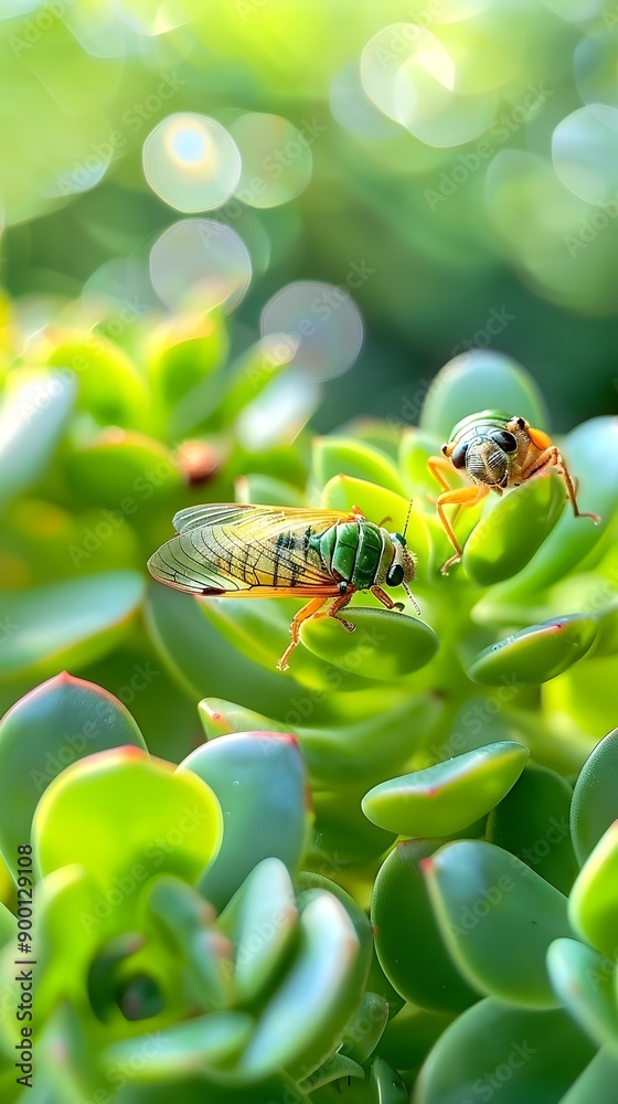 Poster Green Cicada on Succulent Plant.