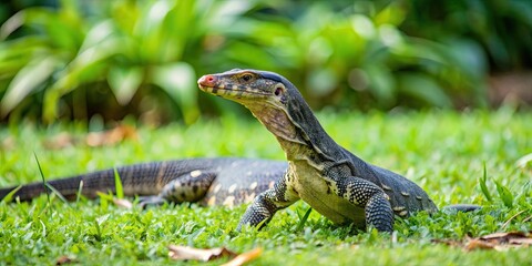 Asian water monitor lizard in a lush lizard park setting, Asian, water monitor, lizard, Varanus salvator