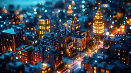 Obraz premium Night Cityscape Miniature Model with Bokeh Lights - 3D Illustration