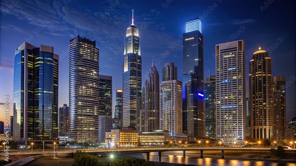 Wall mural Modern cityscape at dusk with illuminated skyscrapers and glowing city lights, cityscape, modern, dusk, illuminated