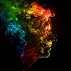 Abstract portrait of a person's face formed by colorful smoke against a black background.