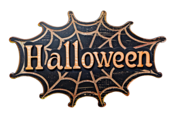 Wood board shaped as web with the word "Halloween" isolated on transparent background