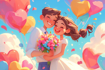 A pair of passionate lovers embracing each other against a heart-shaped background made up of many balloons illustration