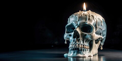 Skull covered in melted candles wax against black background, Halloween, spooky, decoration, horror, macabre, wax, skull, creepy