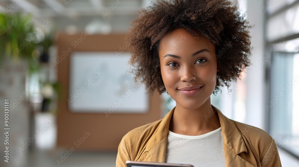 Poster Confident Young Professional: A young Black woman with an afro smiles confidently in a modern office setting, embodying success and ambition. 