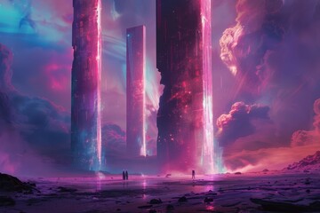 Two Figures Stand Before Glowing Pillars In A Purple And Pink Landscape