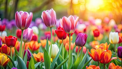 Fototapeta premium Vibrant tulips blooming in a beautiful garden , flowers, tulips, colorful, garden, nature, petals, blossom, spring
