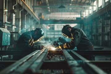 Craftsmen at Work: Two skilled industrial welders meticulously work with precision on metal frames, their protective masks illuminated by the radiant sparks of welding.