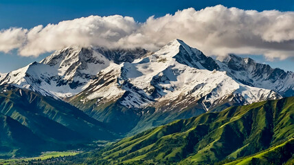 A majestic mountain range with snowcapped peaks and lush green valleys stretching endlessly