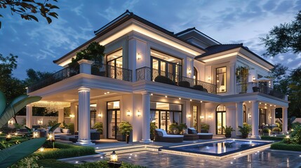 Fototapeta premium Luxury Modern Home Exterior with Pool and Landscaping 3D Illustration