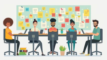 Diverse team collaborating on a project around a large table, brainstorming ideas with sticky notes and laptops. Cartoon illustrations vectors