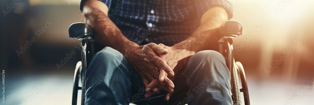 Poster person in a wheelchair with hands resting on their lap. accessibility and independence.