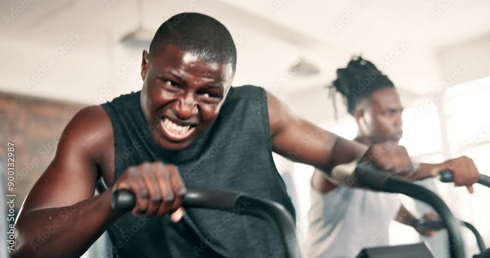 Canvas Prints Men, cycling machine and friends in gym for training, wellness and transformation with endurance. African person, exercise bike and stamina with thinking, workout and health for body at fitness club