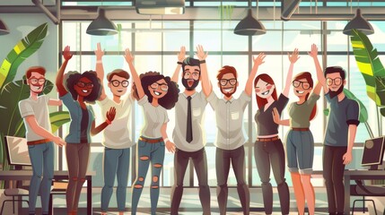 Fototapeta premium Group of coworkers high-fiving each other after a successful presentation in a modern office. Cartoon illustrations vectors