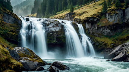 Obraz premium A majestic mountain range with snowcapped peaks and lush green valleys stretching endlessly