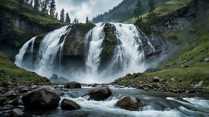 Obraz premium A majestic mountain range with snowcapped peaks and lush green valleys stretching endlessly