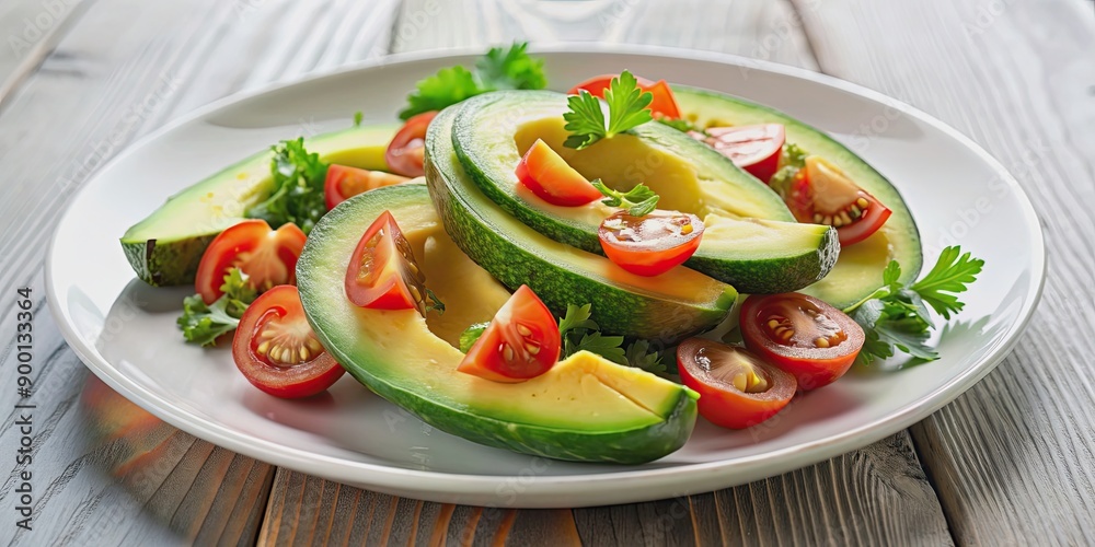 Wall mural Fresh and healthy avocado dish with sliced avocado, tomatoes, and cilantro on a white plate, avocado, food, green, healthy