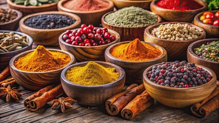 Fototapeta premium Wooden bowls filled with vibrant spices such as turmeric, cloves, peppercorns, cumin, and cinnamon, wooden, bowls, spices