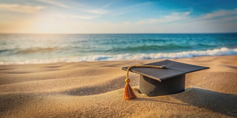 Naklejka premium Graduation cap on sand at beach with ocean background, graduation, cap, beach, sand, ocean, background