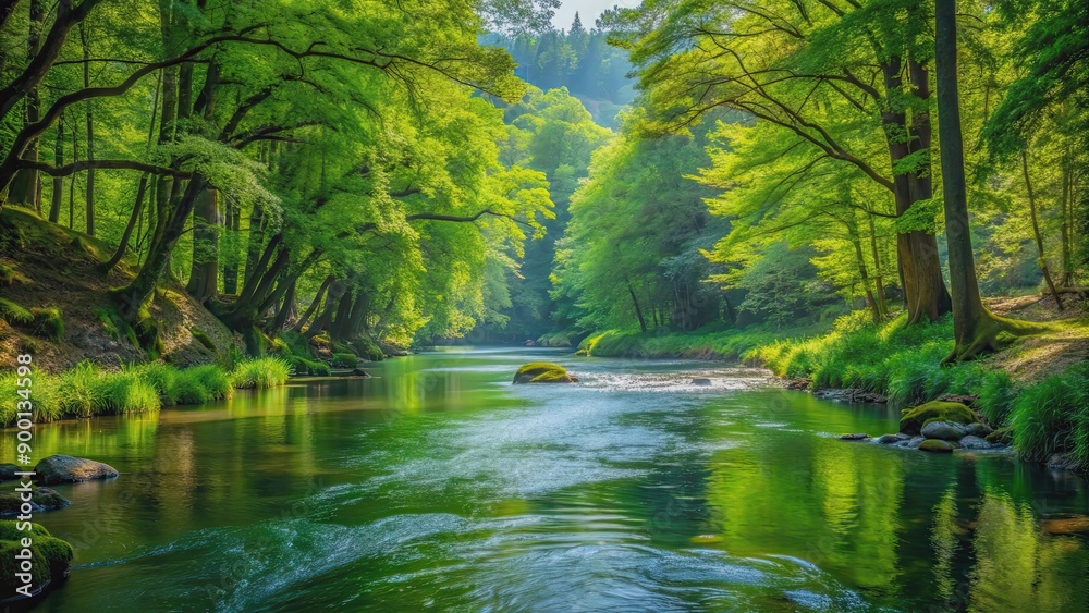 Canvas Prints A scenic river flowing through a lush green forest, nature, water, stream, landscape, trees, outdoors, tranquil