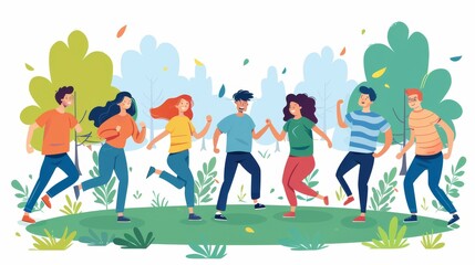 Employees participating in a team-building exercise outdoors, enjoying activities and bonding. Cartoon illustrations vectors