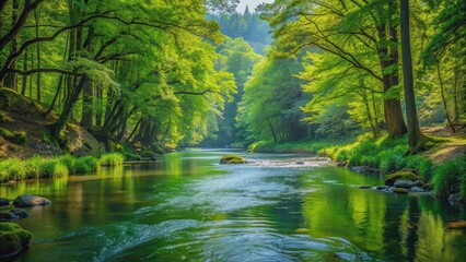 Obraz premium A scenic river flowing through a lush green forest, nature, water, stream, landscape, trees, outdoors, tranquil