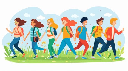 Fototapeta premium Employees participating in a team-building exercise outdoors, enjoying activities and bonding. Cartoon illustrations vectors