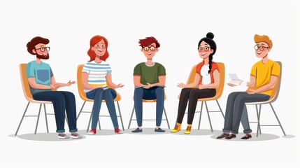 Team members sitting in a circle during a casual meeting, sharing feedback and ideas openly. Cartoon illustrations vectors
