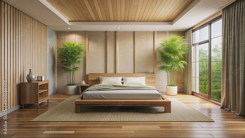 Poster Zen-inspired bedroom with a double bed, minimalistic furniture, and smooth bamboo floor, Zen, bedroom