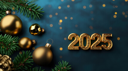 Festive holiday scene featuring sparkling decorations and the year 2025, perfect for New Year celebrations and Christmas themes.