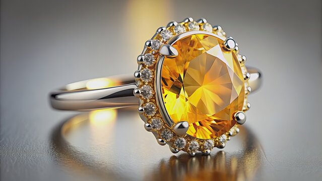 Yellow Citrine ring on display with a sparkling yellow corundum gemstone , Citrine, ring, display, yellow, corundum