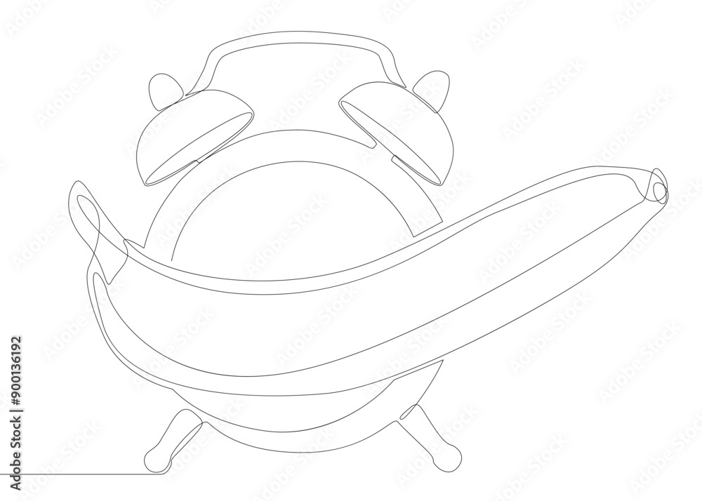 Poster One continuous line of alarm clock with Banana. Thin Line Illustration vector concept. Contour Drawing Creative ideas.