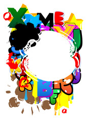 Naklejka premium Graffiti speech bubble on colorful background. White abstract modern Messaging sign street art decoration, Discussion icon performed in urban painting style.