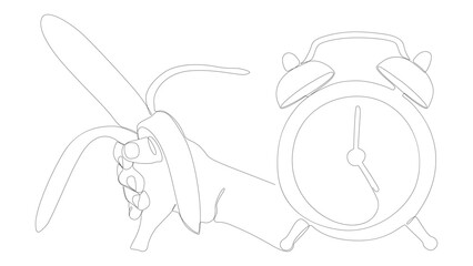 One continuous line of alarm clock with Banana. Thin Line Illustration vector concept. Contour Drawing Creative ideas.