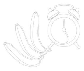 One continuous line of alarm clock with Banana. Thin Line Illustration vector concept. Contour Drawing Creative ideas.