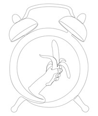 One continuous line of alarm clock with Banana. Thin Line Illustration vector concept. Contour Drawing Creative ideas.