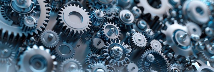 Close-up of silver gears and cogwheels interlocking, representing precision and industrial machinery. Concept of engineering and technology.