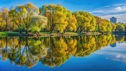 Trees near the Moscow River reflecting in the water, Moscow, Russia, scenic, landscape, nature, waterfront, riverbank