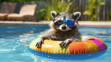 A raccoon wearing colorful sunglasses relaxes on a rainbow pool float in a swimming pool, enjoying a sunny day and representing a playful summer vibe.