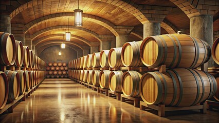 Wine barrels in the cellar of a winery. rendering, wine, barrels, cellar, winery, interior, storage, aged, oak, wooden