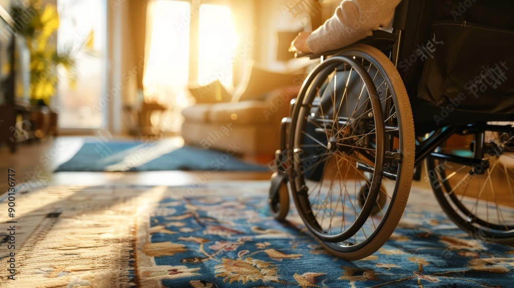 Poster person in a wheelchair in a cozy home environment with sunlight streaming in. promoting accessibilit